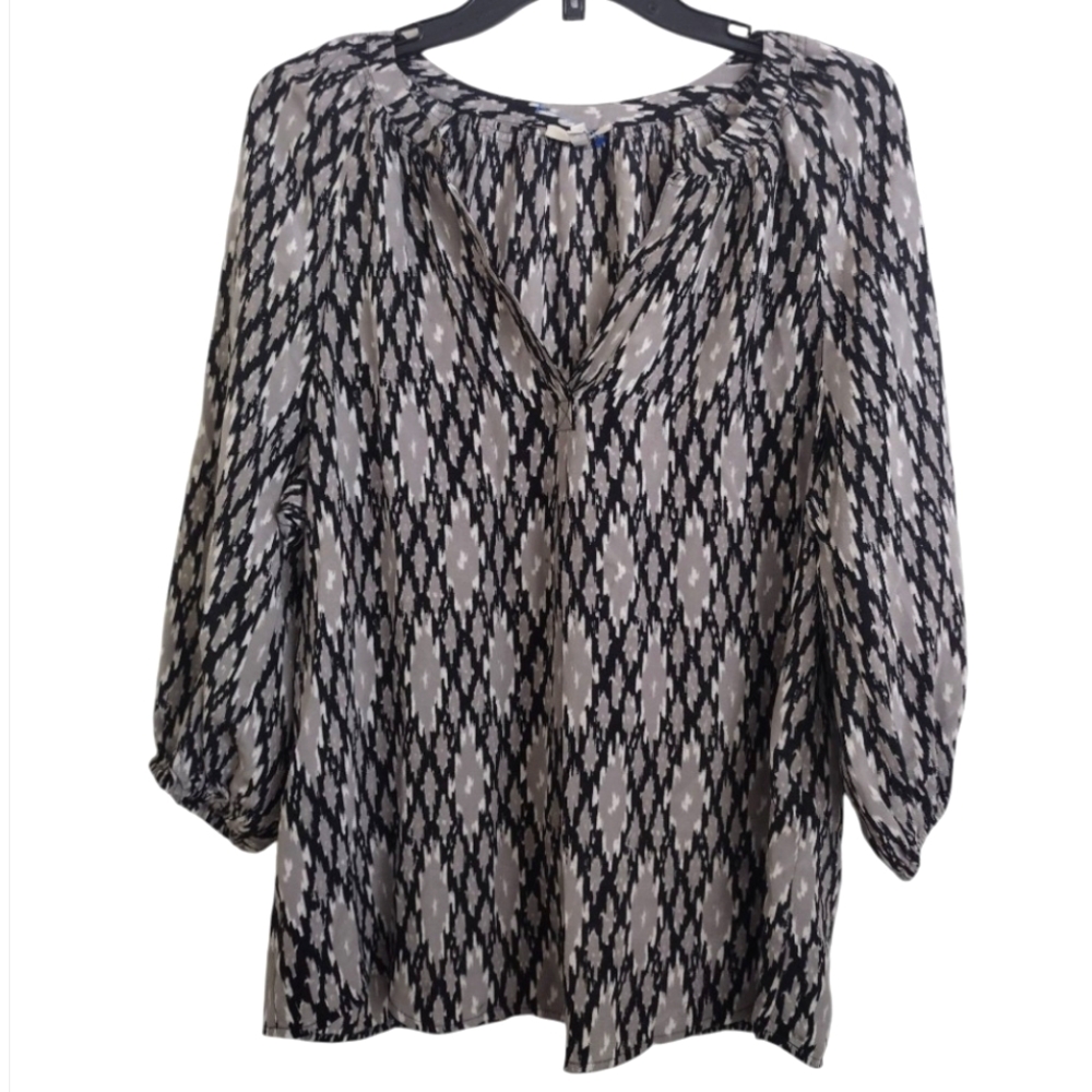 Joie Addie B Ikat Black and White Silk Patterned Blouse In Caviar Size XS